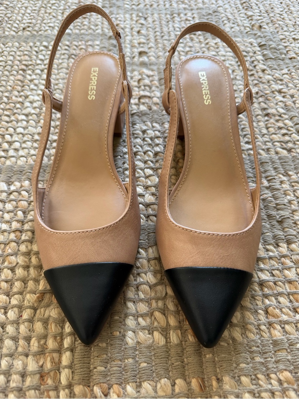 Express Two-Tone Tan and Black Pointed Slingback Heels